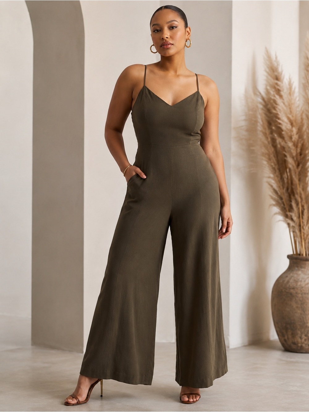 Express Olive Spaghetti-Strap Wide-Leg Jumpsuit